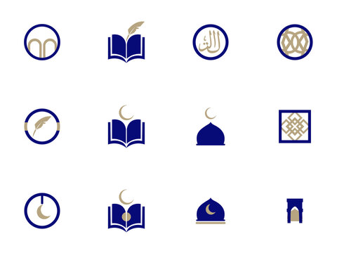Set of Islamic icons featuring mosque domes and quran symbols for design