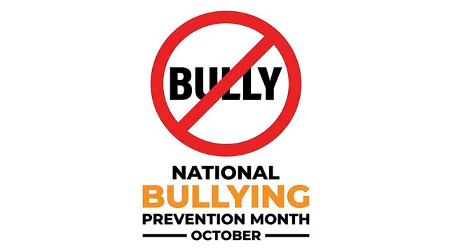 National bullying prevention month banner featuring prohibition stop sign over text bully on plain white background for social awareness campaign in october.