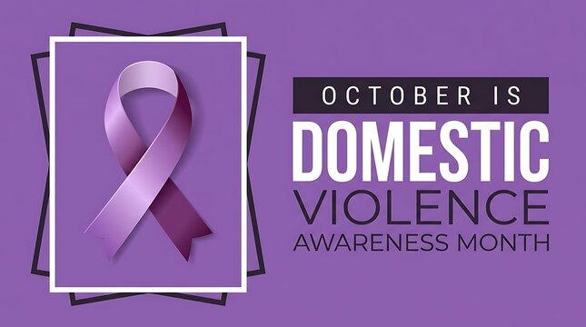 Purple ribbon graphic for domestic violence awareness month in october displayed on a purple background with text.