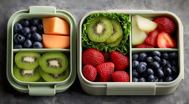 Gesunde Bento-Lunchboxen Gef&uuml;llt mit Frischem Obst wie Erdbeeren, Blaubeeren, Himbeeren und Kiwi f&uuml;r Unterwegs und Schule