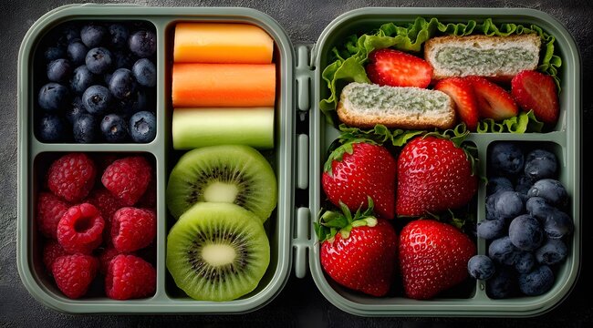 Gesunde Bento-Lunchboxen Gef&uuml;llt mit Frischem Obst wie Erdbeeren, Blaubeeren, Himbeeren und Kiwi f&uuml;r Unterwegs und Schule