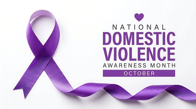 Purple ribbon and wavy banner declare national domestic violence awareness month for october with heart symbol.
