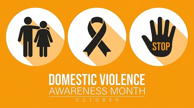 Domestic violence awareness month campaign design featuring family purple ribbon and stop gesture icons in flat design on orange background for community support.