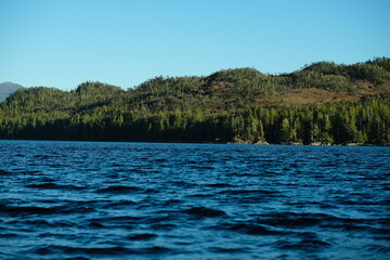 Obraz premium Blue water and forested hills under a clear sky