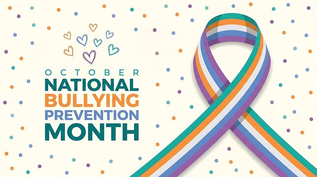 October national bullying prevention month with colorful ribbon and tiny heart illustrations over polka dot background for awareness.
