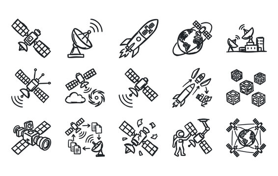 Hand sketched aerospace technology graphics containing doodle weather tracking satellites data transmitting signals rocket stage separation astronaut maintenance and cubesats