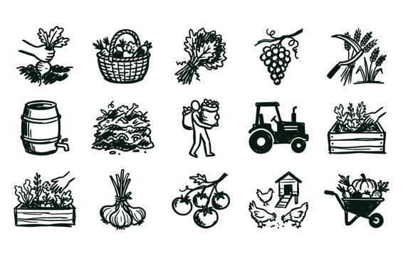Harvesting and farming vector illustrations featuring sketchy vegetable baskets grape vines sickles water barrels compost piles tractors and wheelbarrows