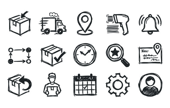 Logistics and delivery sketch doodle pack showcasing shipping trucks barcode scanners location pins package tracking routes and courier staff symbols