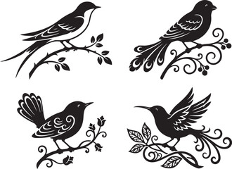 Fototapeta premium Four artistic silhouettes of birds perched on ornate branches with leaves, flowers, and berries in a detailed black and white style for decorative crafting and projects