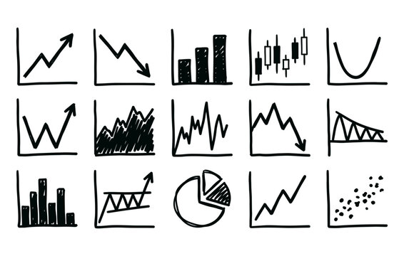 Business charts and graphs vector bundle featuring sketchy upward trends bar charts financial candlesticks pie charts scatter plots and data analytics graphics