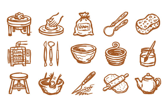 Clay crafting and pottery art doodle bundle displaying messy sketchy studio equipment coil pots trimming knives firing ovens ceramic making processes and craft assets