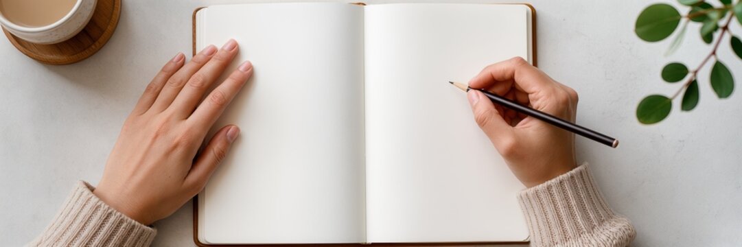 Woman writing in blank open notebook with pencil on white desk, top view note making scene