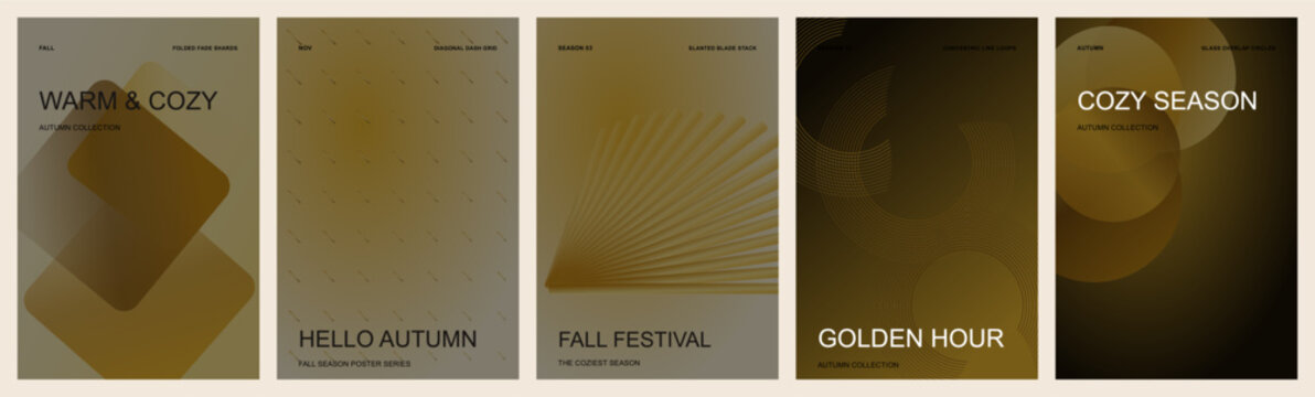 Minimalist autumn poster templates collection. Features warm gradient backgrounds, geometric shapes, and typography. Modern design for fall events, seasonal greetings, and branding.