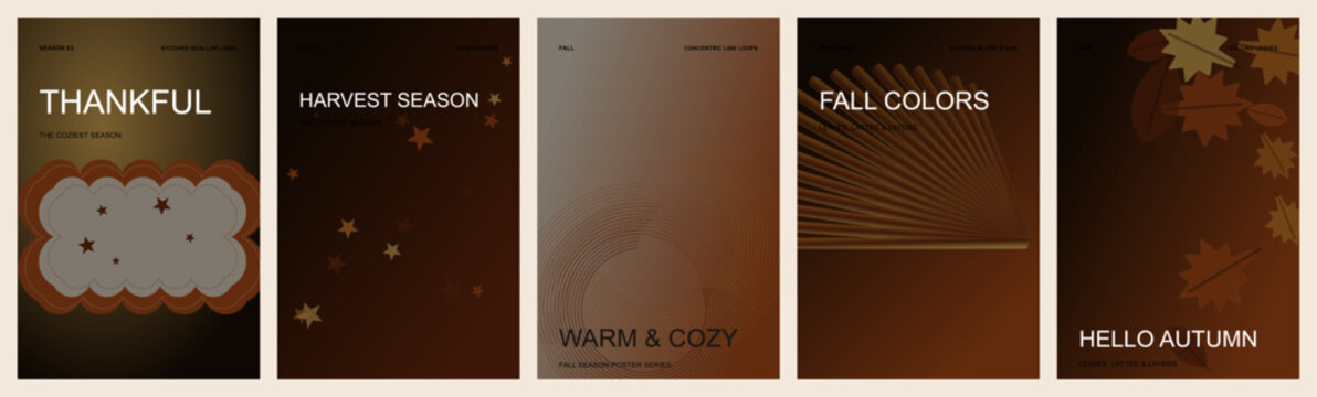 Autumn gradient flyer template set. Features brown color palettes, thankful typography, and harvest season graphics. Modern minimalist designs for fall events, social media, and promos.