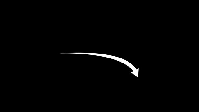 White Curved Downward Arrow Motion Graphics Animation for Business Loss, Financial Decrease, Stock Market Crash, Sales Drop Trend, Downtrend Direction, Loss Pointer, and Black Background Overlay