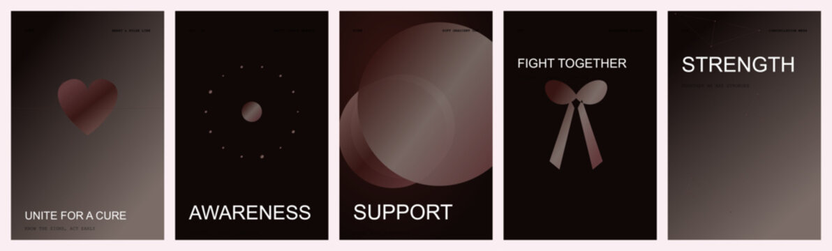 Breast cancer awareness poster template set. Features heart, ribbon, and support text. Dark gradient design vector for health campaigns, medical research, and charity events.