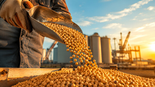 Farmer or grain elevator worker scooping and pouring freshly harvested soybeans at an agricultural industrial plant during a bright sunset