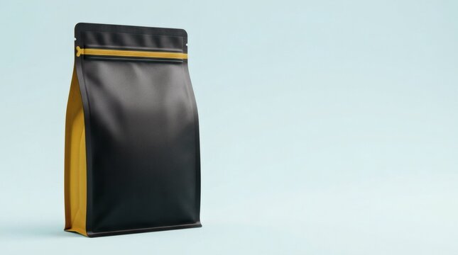 Premium black matte stand up pouch with yellow side gusset for modern product packaging design mockups.