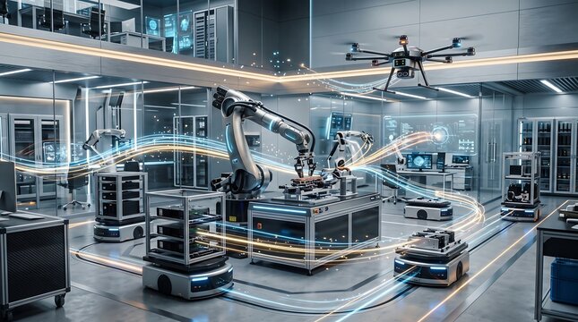 Automated robotic arms and autonomous mobile robots working in a high-tech manufacturing facility with light trails and a flying drone overhead