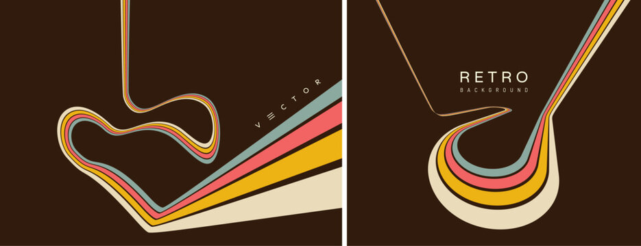 A retro 1970s-style background. Colorful lines. Abstract, dynamic curved ribbons. Designed for posters or banners for sports competitions and races. A collection of vector illustrations.