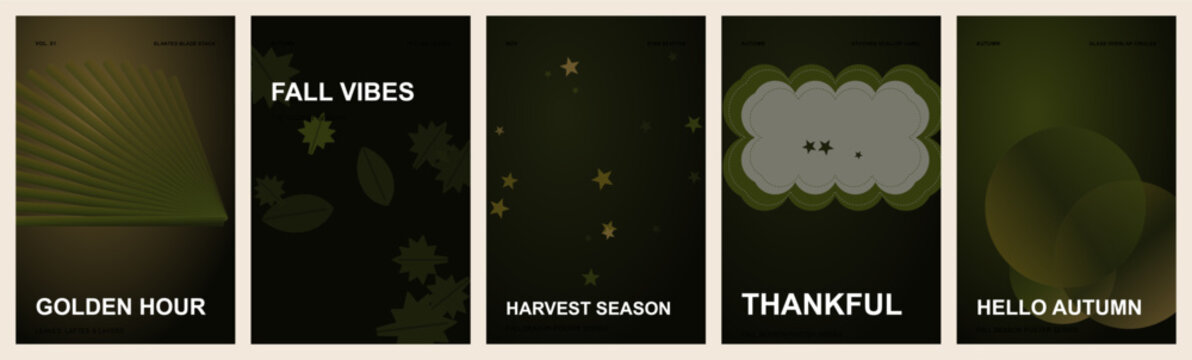 Autumn social media story templates set. Features golden hour light, fall vibes graphics, harvest season elements, and thankful quotes. Modern dark green seasonal aesthetic for branding.
