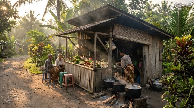 Elderly couple sitting by traditional rural food stall at sunrise