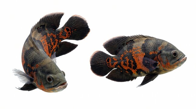 Pair of tiger oscar cichlid fish swimming isolated on white background