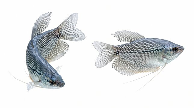 Two pearl gourami fish swimming isolated on a clean white background