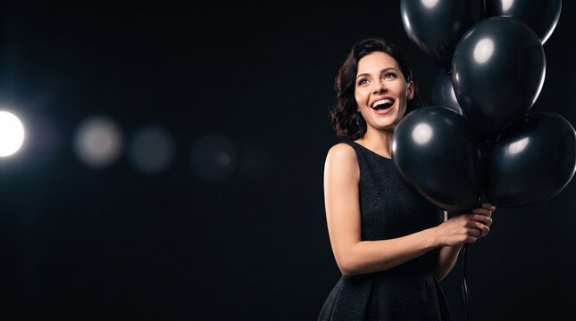 Glamorous young woman in elegant black dress holding black balloons celebrating Black Friday sale offer on studio background, excited smiling female customer enjoying seasonal shopping party.
