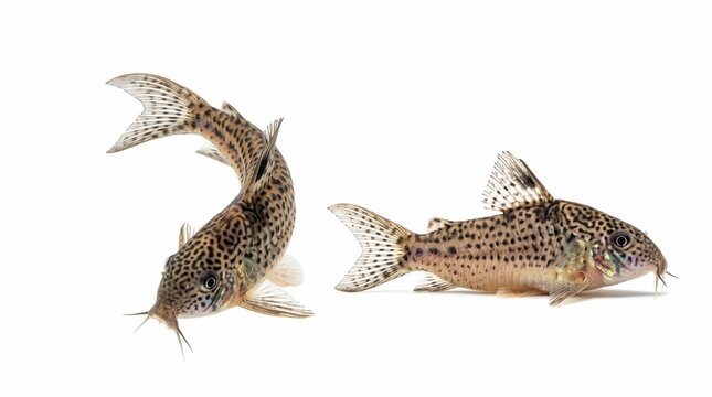 Two Spotted Corydoras Catfish Isolated on Pure White Background