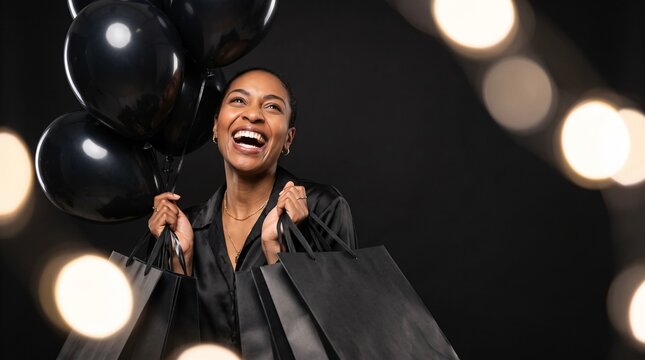 Happy African American woman holding black balloons and shopping bags laughing during Black Friday sale, overjoyed female customer celebrating seasonal discounts and retail offer