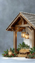 Obraz premium Rustic wooden manger scene with glowing lanterns, pine branches and cones among rocks, evoking a peaceful christian christmas setting symbolizing faith and the birth of christ