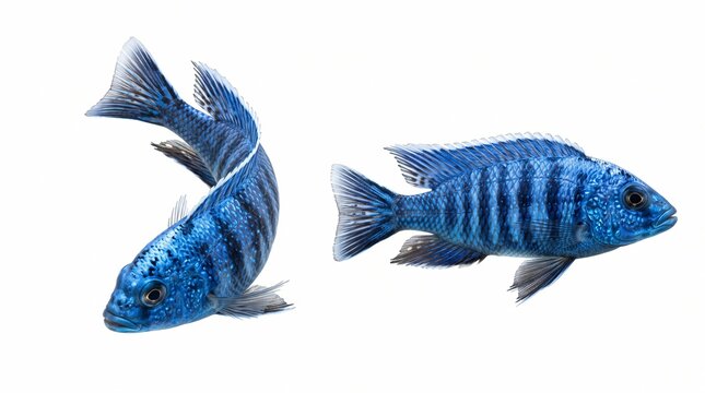 Pair of vibrant blue African cichlid fish isolated on white background