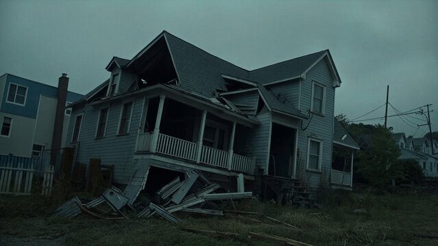 Damaged Wooden House with a Collapsed Porch