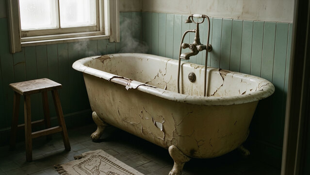 Old Cracked Bathtub in a Worn Bathroom