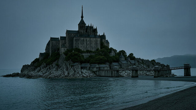 Medieval Castle on a Rocky Island in the Sea