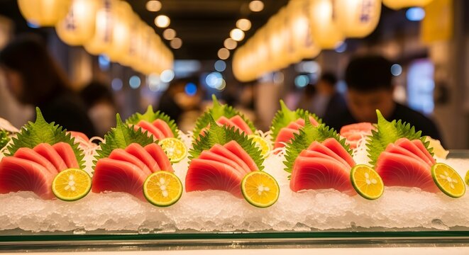 A beautifully arranged platter of fresh tuna sashimi featuring vibrant red slices served on a bed of crushed ice with green shiso leaves and lime