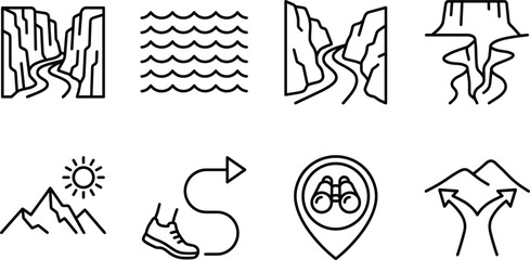 Fototapeta premium Outdoor adventure and hiking line icons set for travel, exploration, and nature tourism concepts