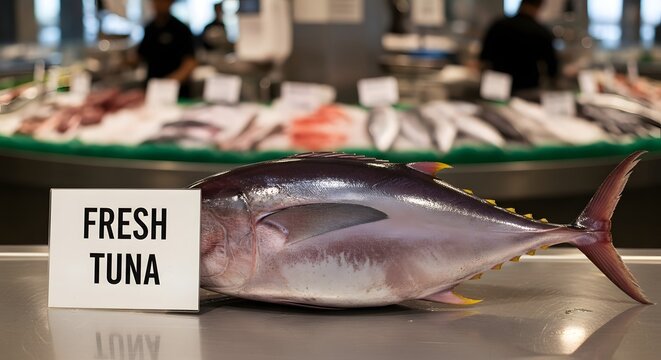 A high-quality close-up photograph of a fresh, whole tuna fish displayed on a sleek metal counter in a professional fish market setting with signage.