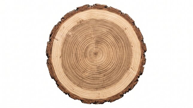 Circular wood log slice with visible tree rings isolated on white background