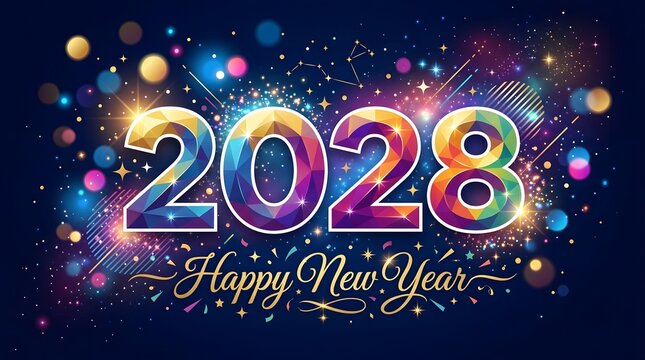 A vibrant 2028 New Year greeting card featuring colorful geometric numbers set against a deep blue background filled with sparkling lights and festive bokeh effects.