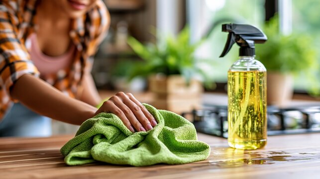 Woman cleaning wooden kitchen counter with green cloth and yellow spray bottle, natural light.