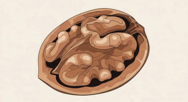 Single walnut kernel inside shell isolated on a light background