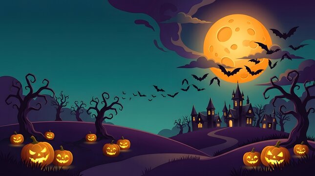 A Spooky Halloween Night Scene Featuring A Glowing Full Moon, A Haunted Castle In The Distance, And Many Jack O Lanterns Lining A Dark Path