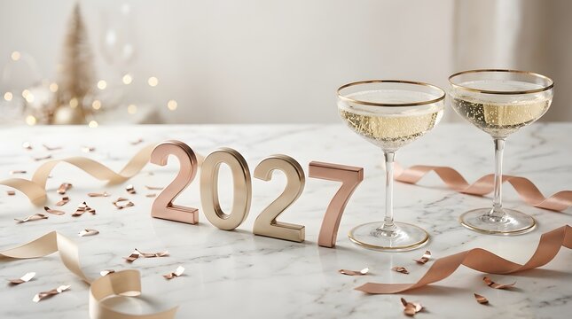 A festive New Year celebration scene featuring elegant metallic 2027 numbers on a white marble table next to two crystal champagne glasses with golden ribbons.