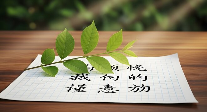 A serene close-up shot featuring a vibrant green leafy branch resting gently on a piece of white graph paper with elegant Chinese calligraphy written thereon