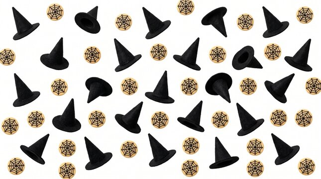 Pattern of witch hats and spider web cookies on white 
