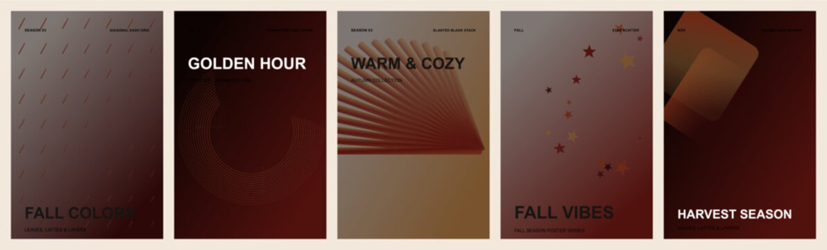 Autumn Poster Collection with Fall Vibes, Modern Warm Gradient Flyer Design Templates, Set of 5 Geometric Covers