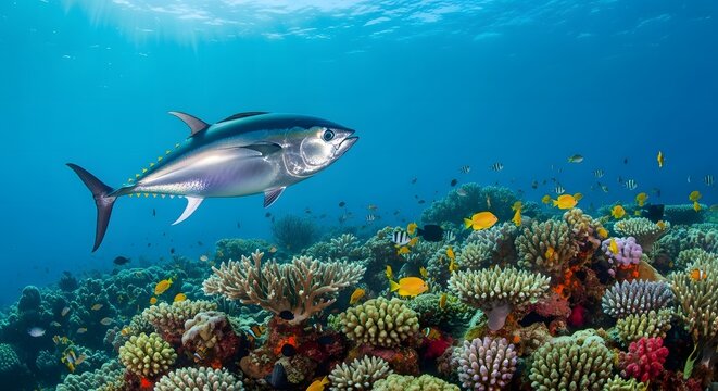 A vibrant and diverse school of tropical fish swimming gracefully over a colorful coral reef under the bright sunlight filtering through the clear blue ocean
