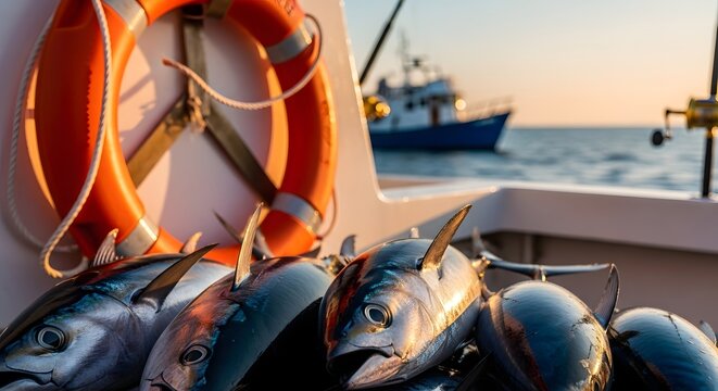 A pile of freshly caught tuna fish resting on the deck of a commercial fishing boat during a calm sunset with a lifebuoy in view.